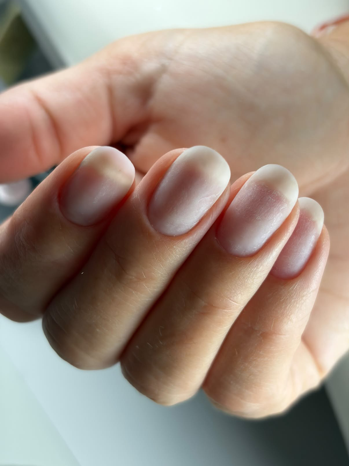 Milky-White kurze Nägel – gesunder natürlicher Look